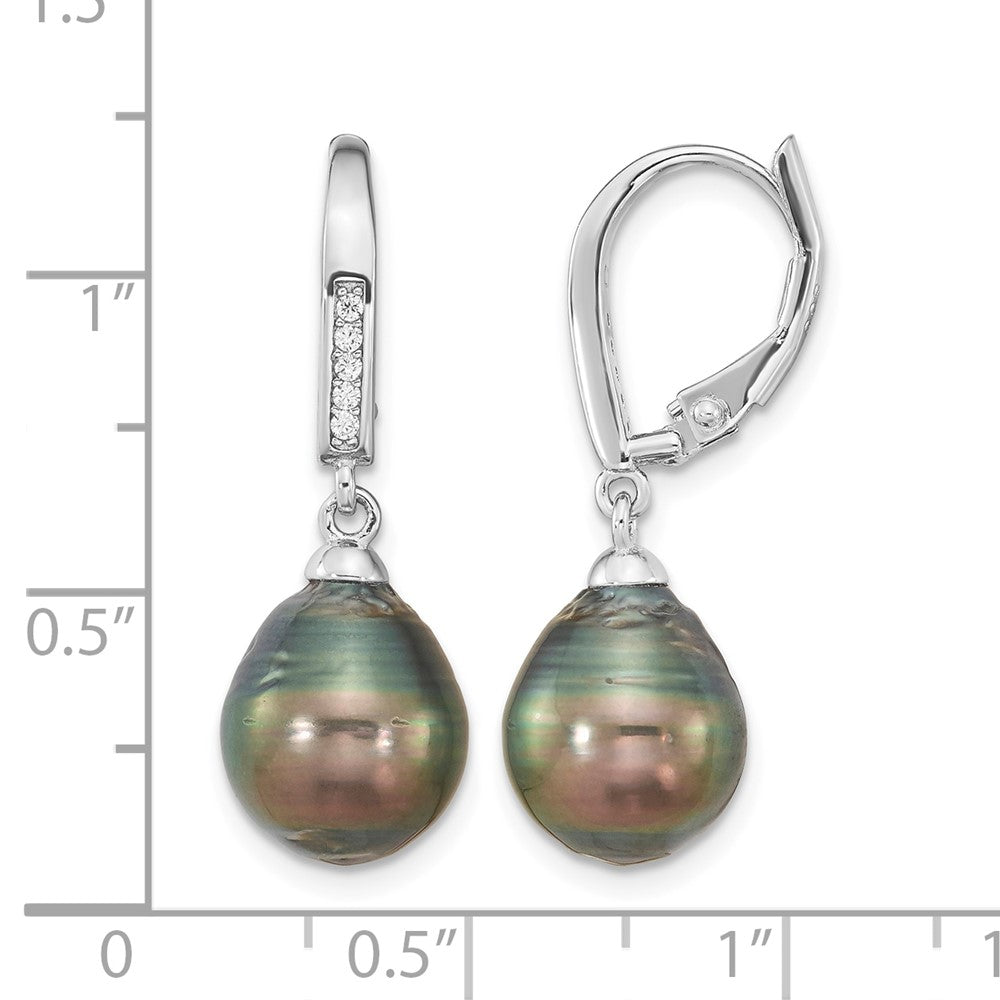 SS RH-plated 9-10mm Tahitian Saltwater Pearl CZ Leverback Earrings