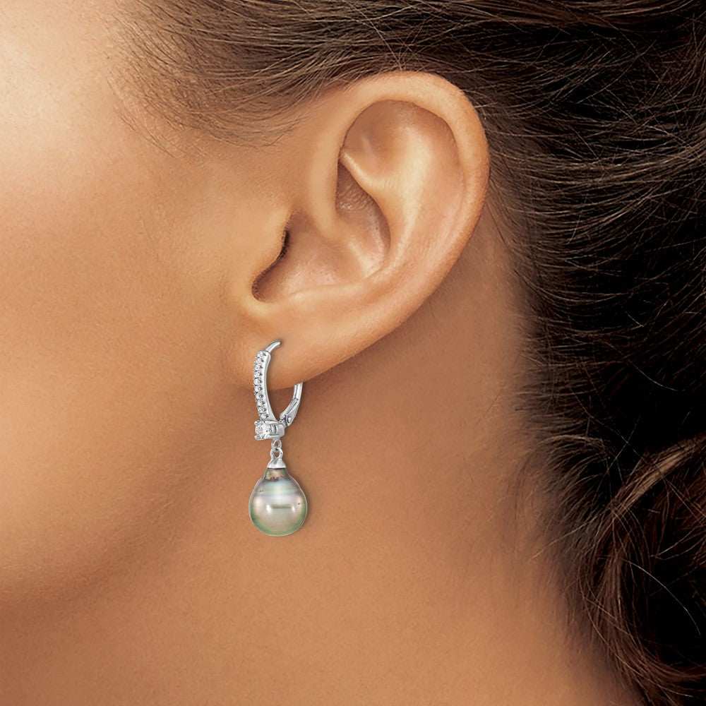 SS RH-plated 9-10mm Tahitian Saltwater Pearl & CZ Leverback Earrings