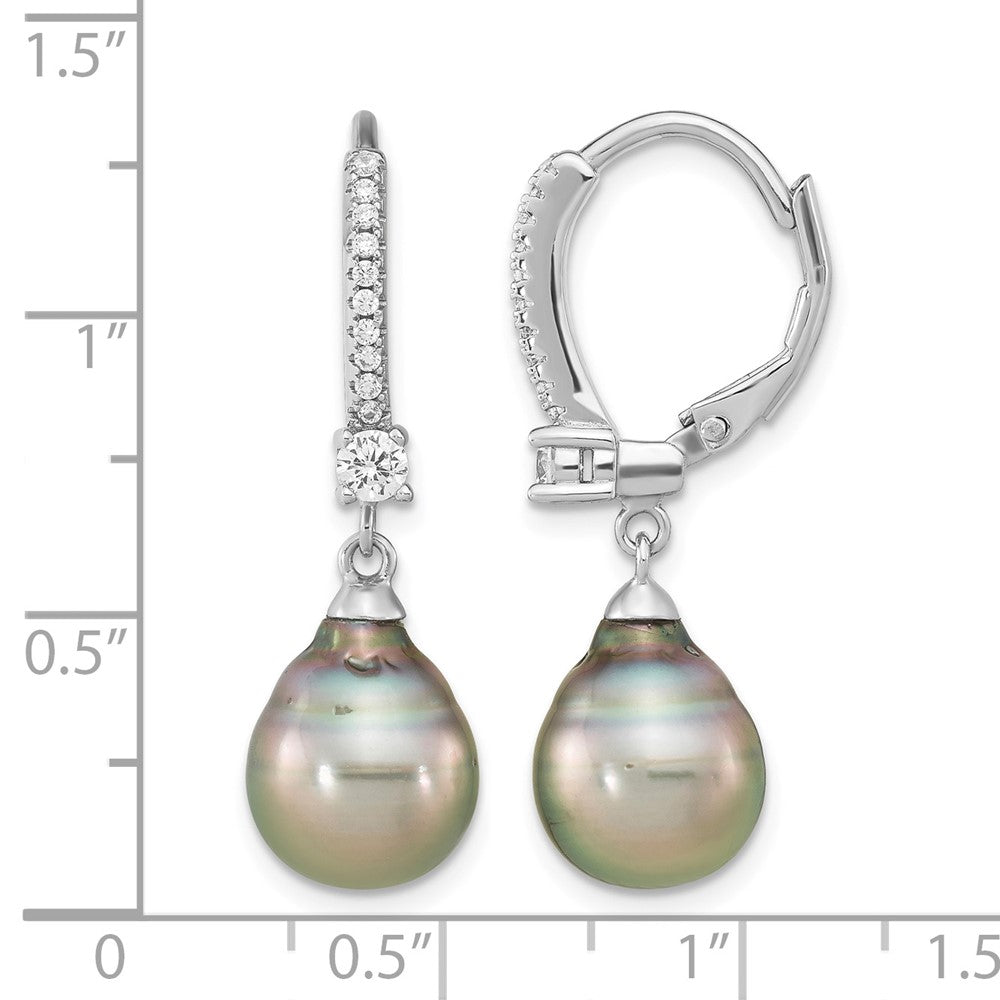 SS RH-plated 9-10mm Tahitian Saltwater Pearl & CZ Leverback Earrings