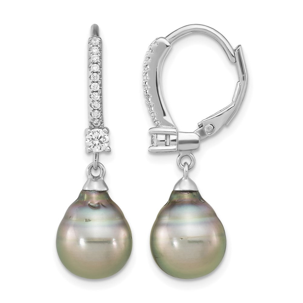 SS RH-plated 9-10mm Tahitian Saltwater Pearl & CZ Leverback Earrings
