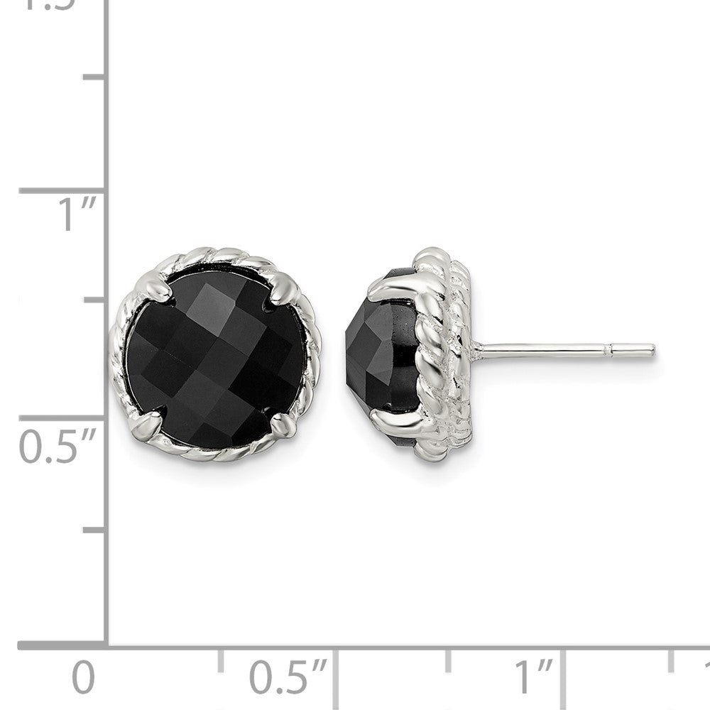 Sterling Silver Polished & Twisted Edge Round Onyx Post Earrings