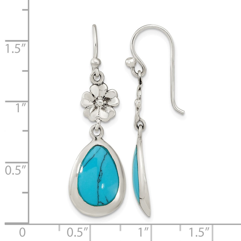 Sterling Silver Polished Recon. Turquoise Floral Teardrop Dangle Earrings