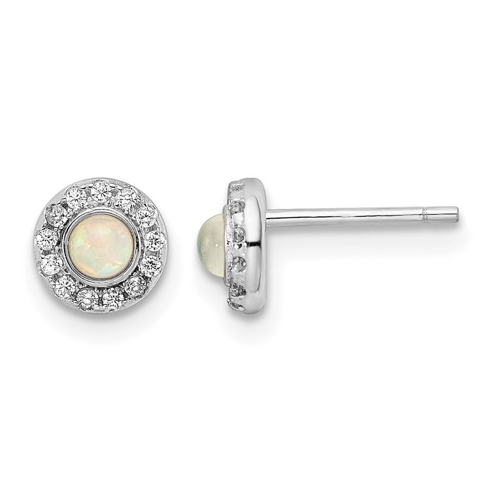 Sterling Silver Rhod-plated Polished Created Opal & CZ Halo Post Earrings