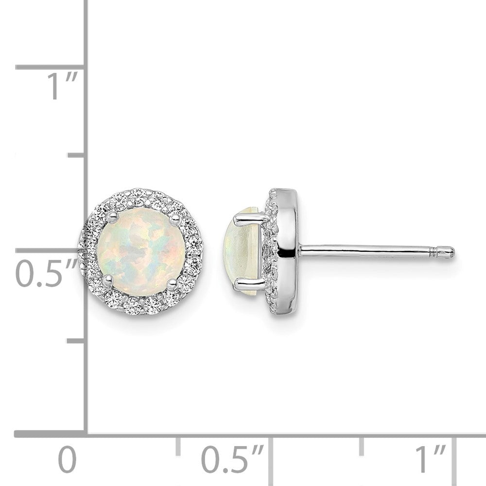 Sterling Silver RH-pltd Polished Created Opal/CZ Round Halo Post Earrings