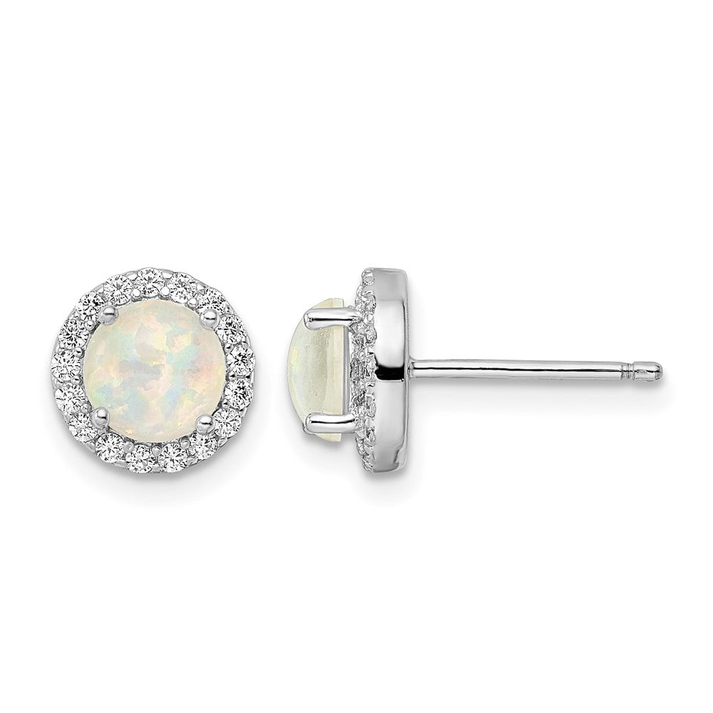 Sterling Silver RH-pltd Polished Created Opal/CZ Round Halo Post Earrings
