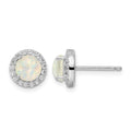 Sterling Silver RH-pltd Polished Created Opal/CZ Round Halo Post Earrings