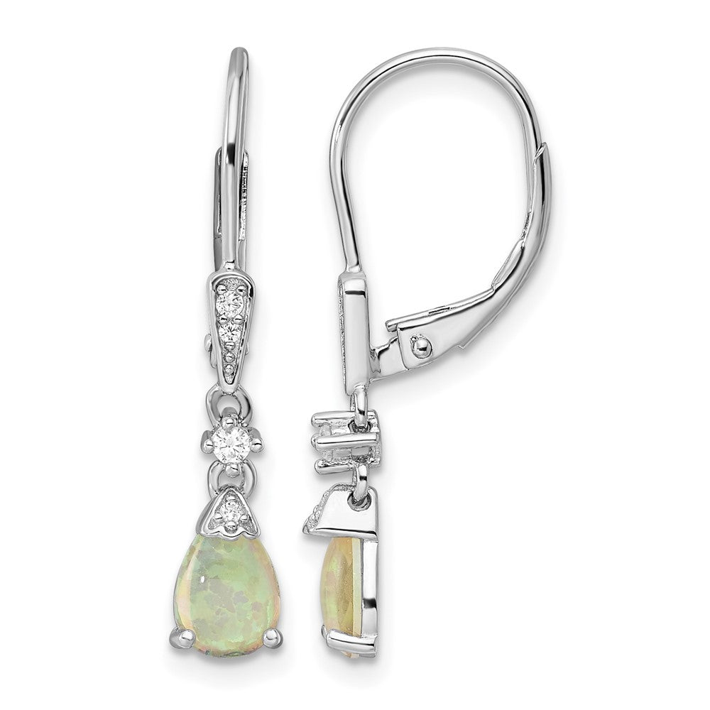 Sterling Silver RH-plated CZ & Created Opal Teardrop Leverback Earrings