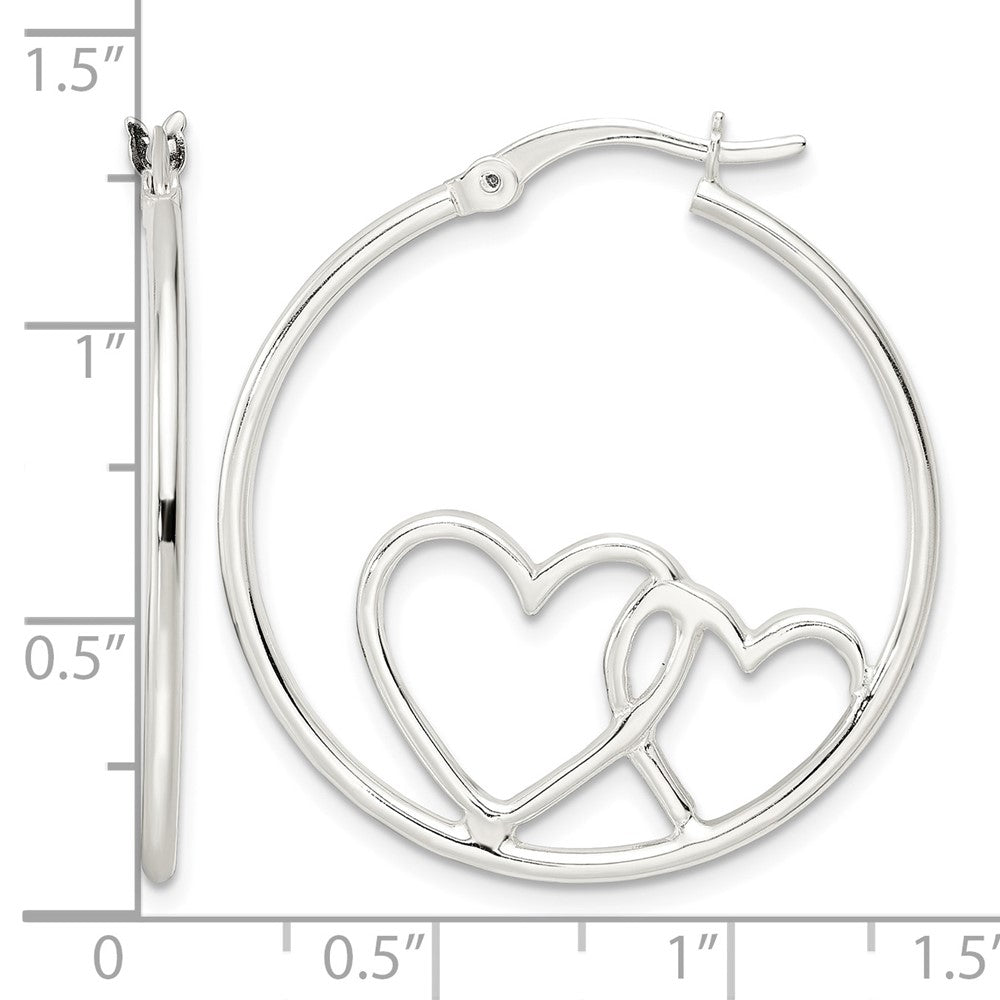 Sterling Silver Hearts Round 1.5x30mm Hoop Earrings