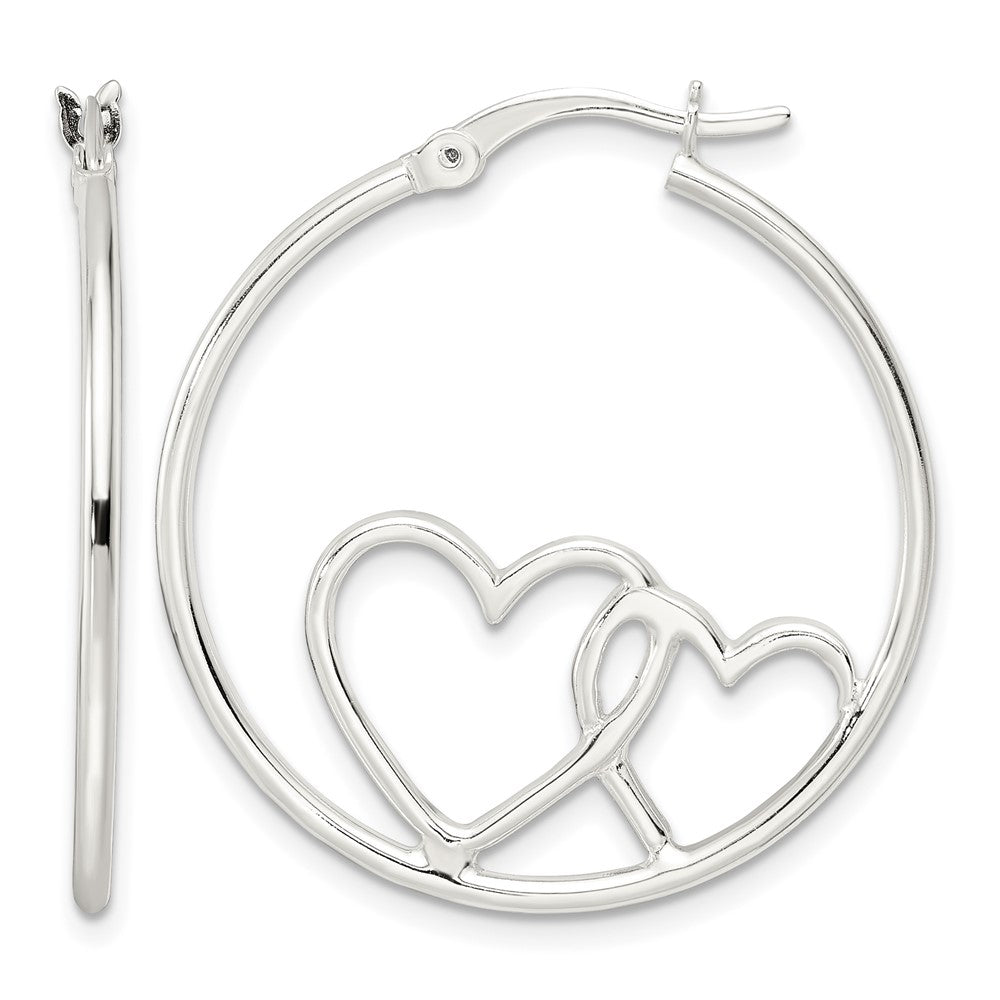 Sterling Silver Hearts Round 1.5x30mm Hoop Earrings