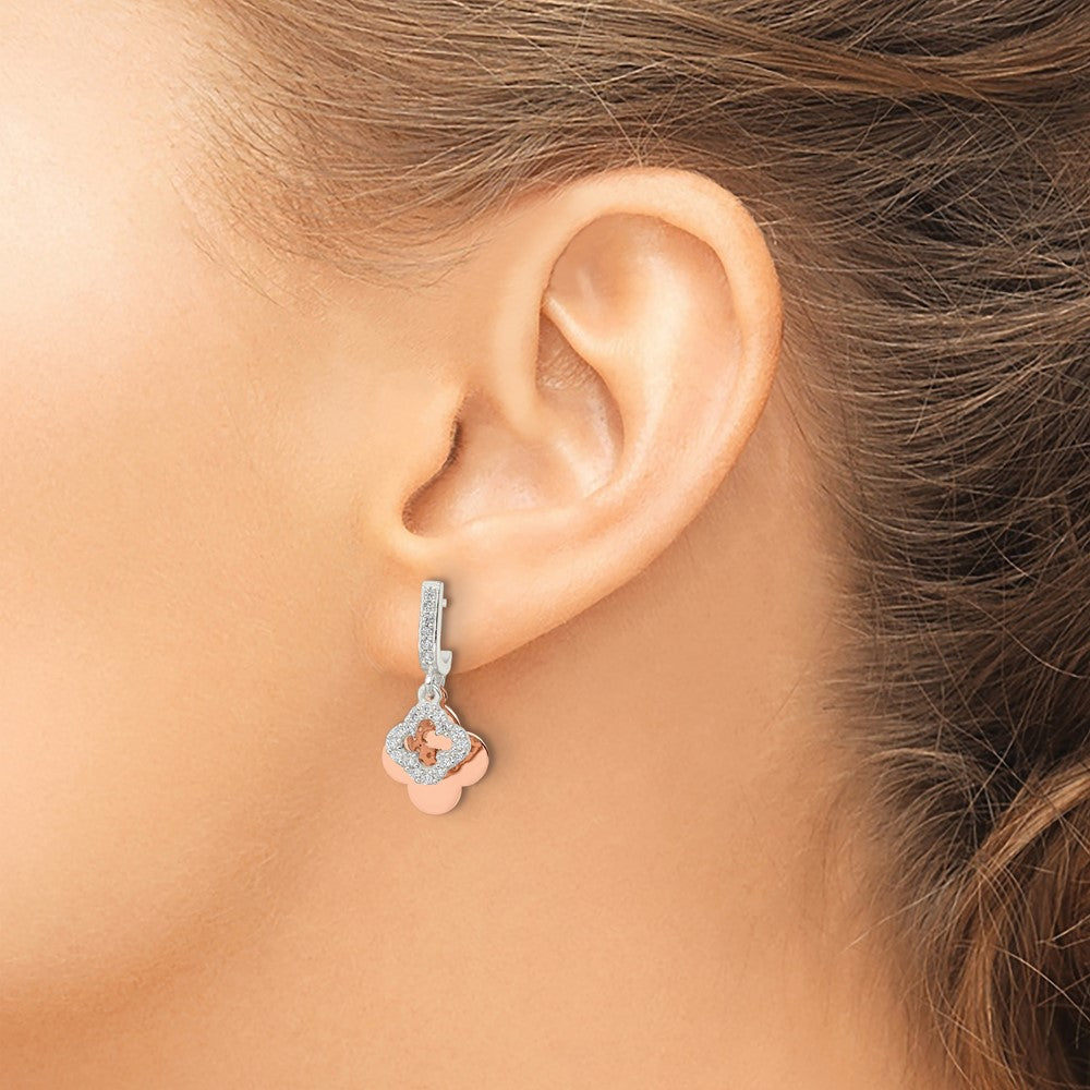 Sterling Silver Rose-tone Quatrefoil CZ Dangle Post Earrings