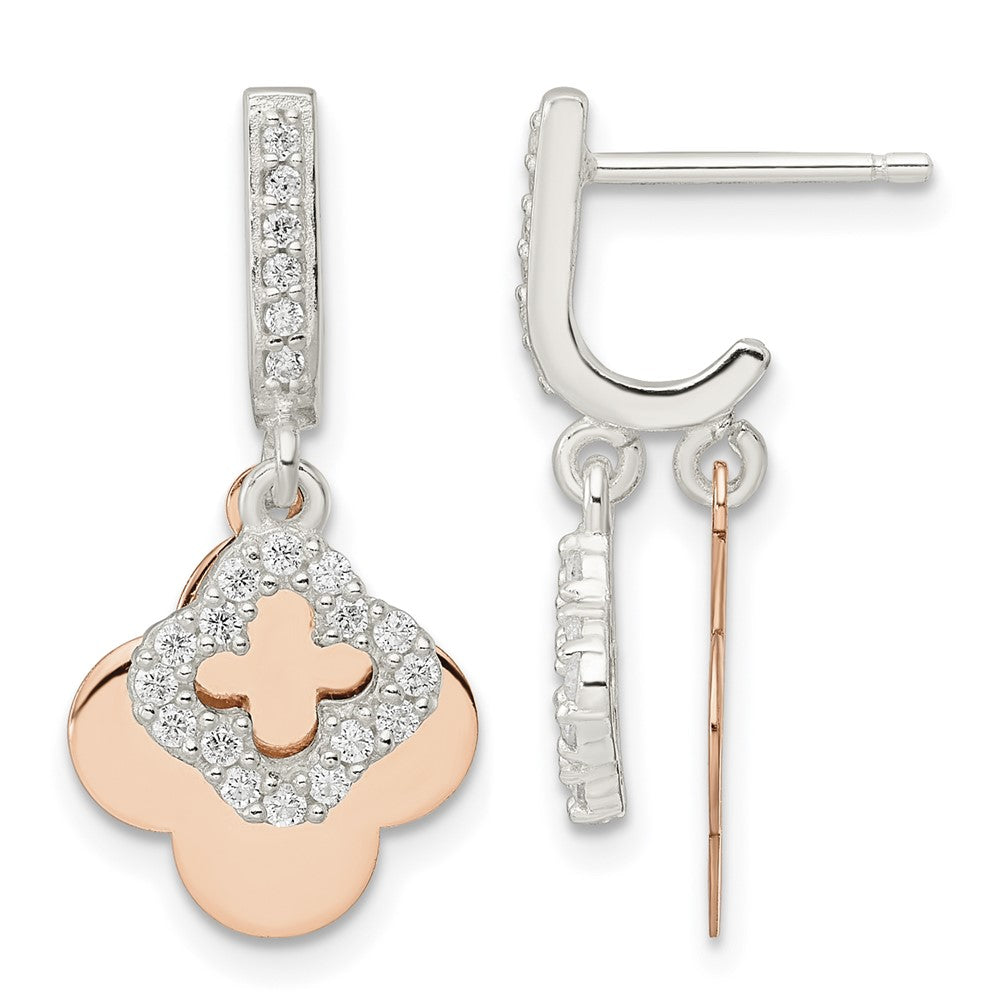 Sterling Silver Rose-tone Quatrefoil CZ Dangle Post Earrings