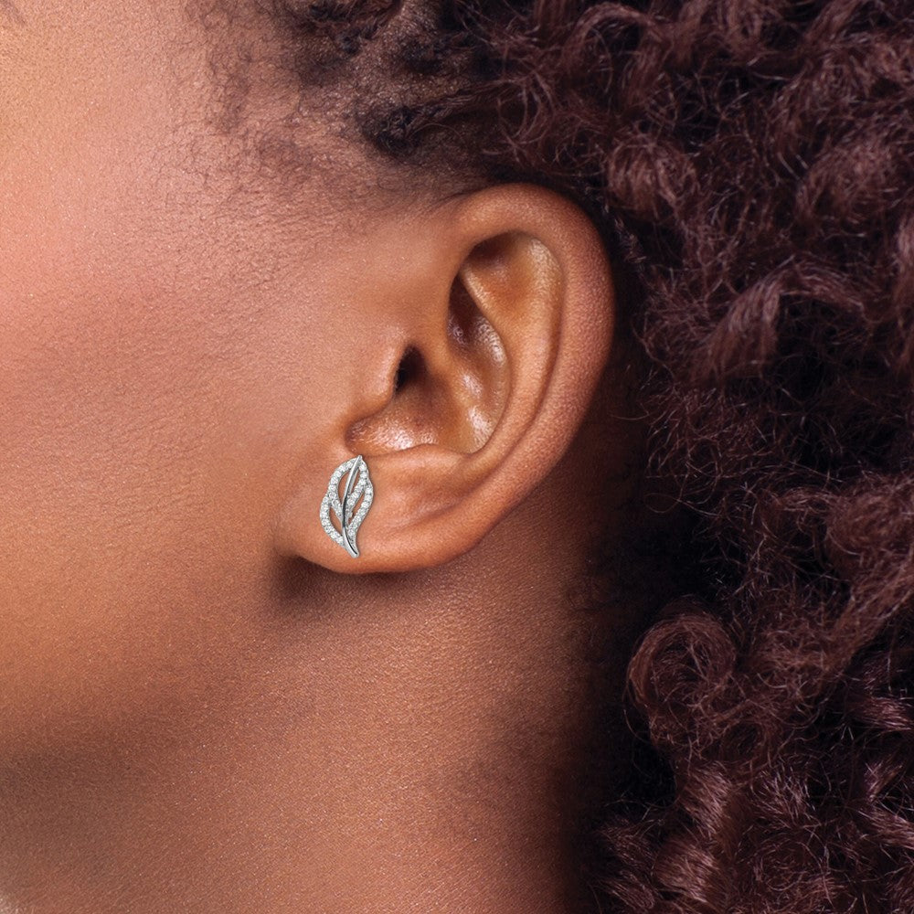 Sterling Silver Rhodium-plated Polished CZ Leaf Post Earrings