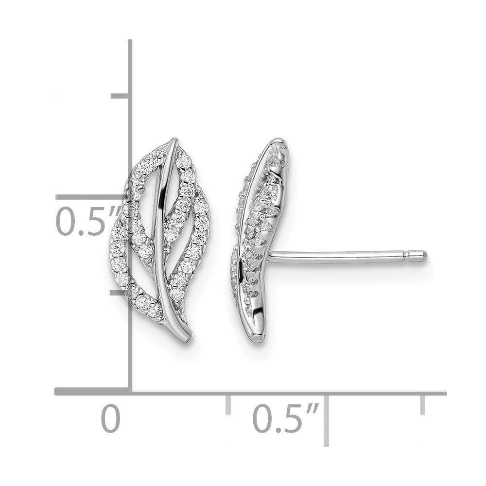 Sterling Silver Rhodium-plated Polished CZ Leaf Post Earrings