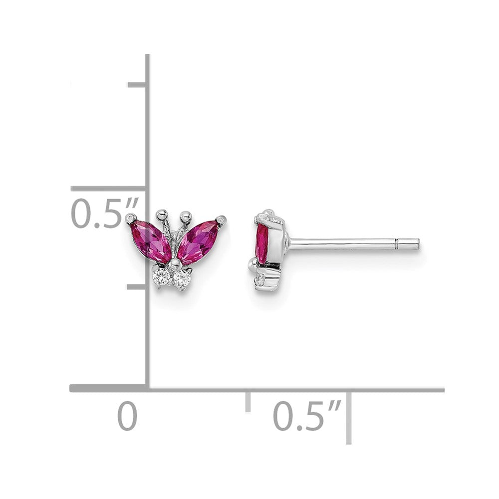 Sterling Silver Rhodium-plated Red & White CZ Butterfly Post Earrings