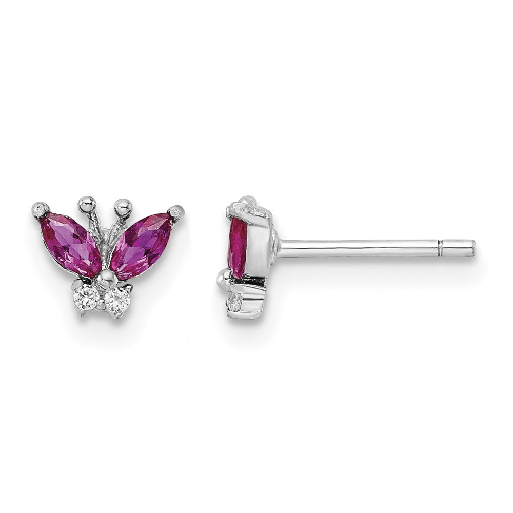 Sterling Silver Rhodium-plated Red & White CZ Butterfly Post Earrings