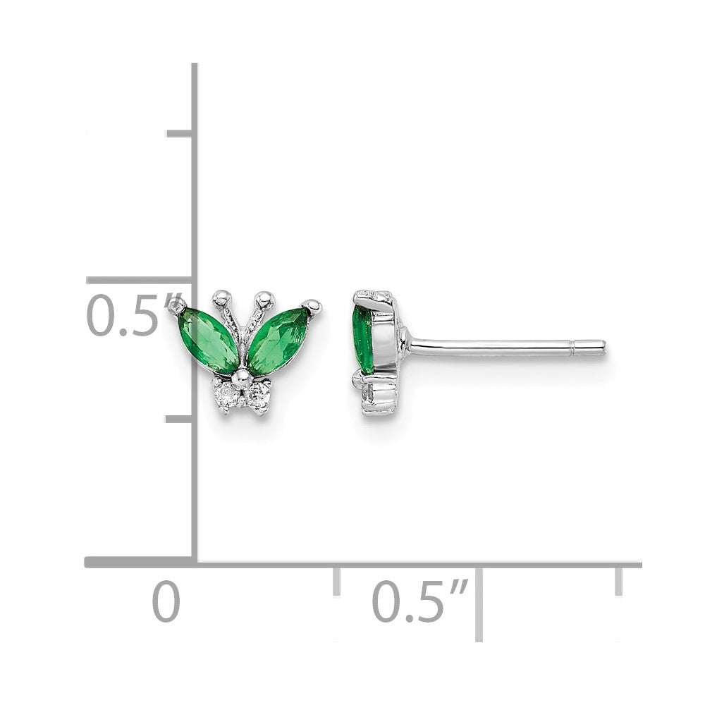 Sterling Silver Rhodium-plated Green & White CZ Butterfly Post Earrings