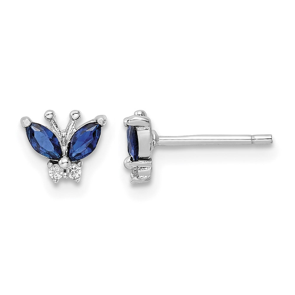 Sterling Silver Rhodium-plated Blue & White CZ Butterfly Post Earrings