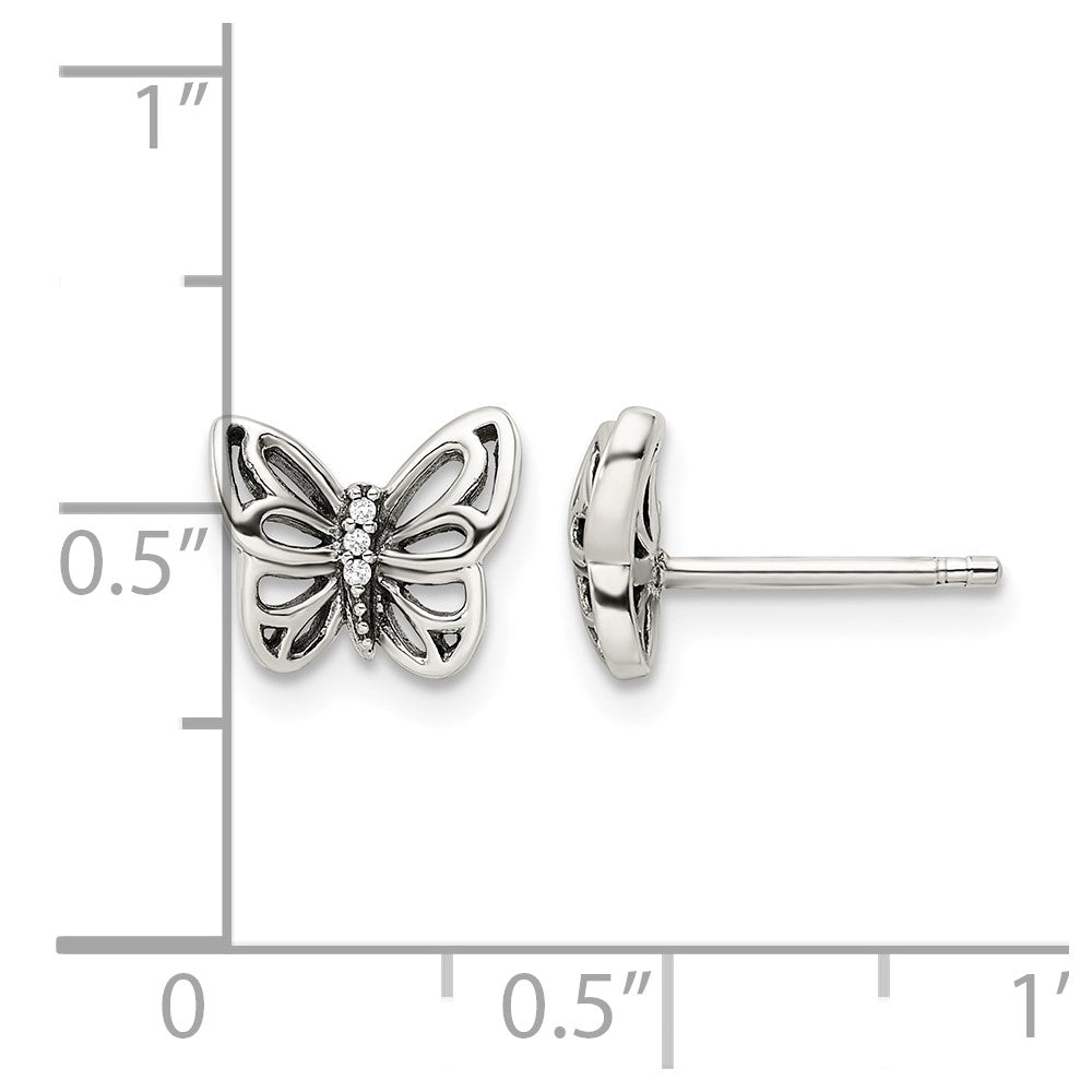 Sterling Silver Antiqued CZ Butterfly Post Earrings