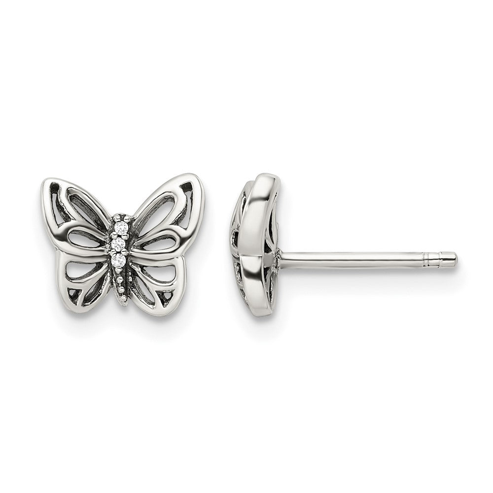 Sterling Silver Antiqued CZ Butterfly Post Earrings