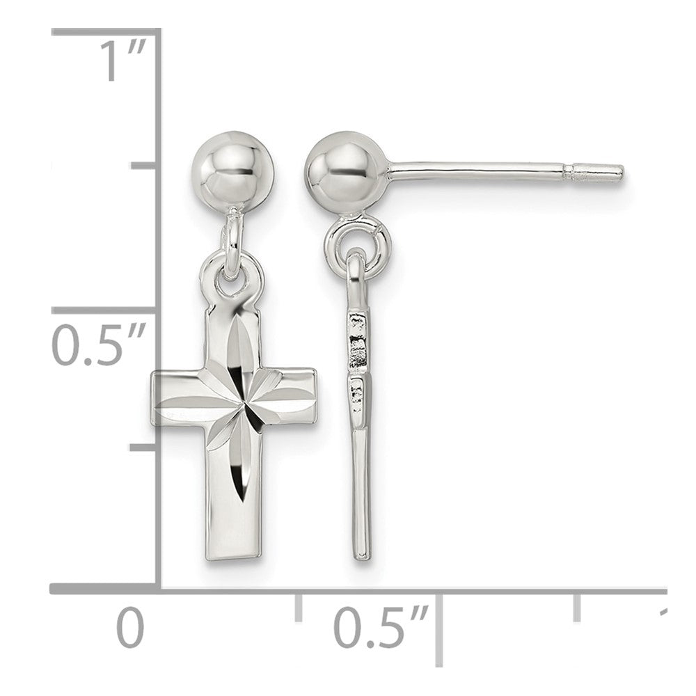 Sterling Silver Polished and D/C Latin Cross Post Dangle Earrings