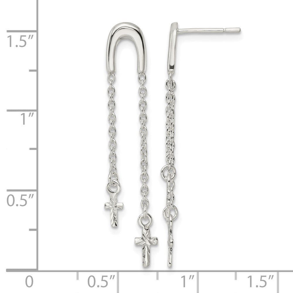 Sterling Silver Polished & D/C Cross Multi-Chain Post Dangle Earrings