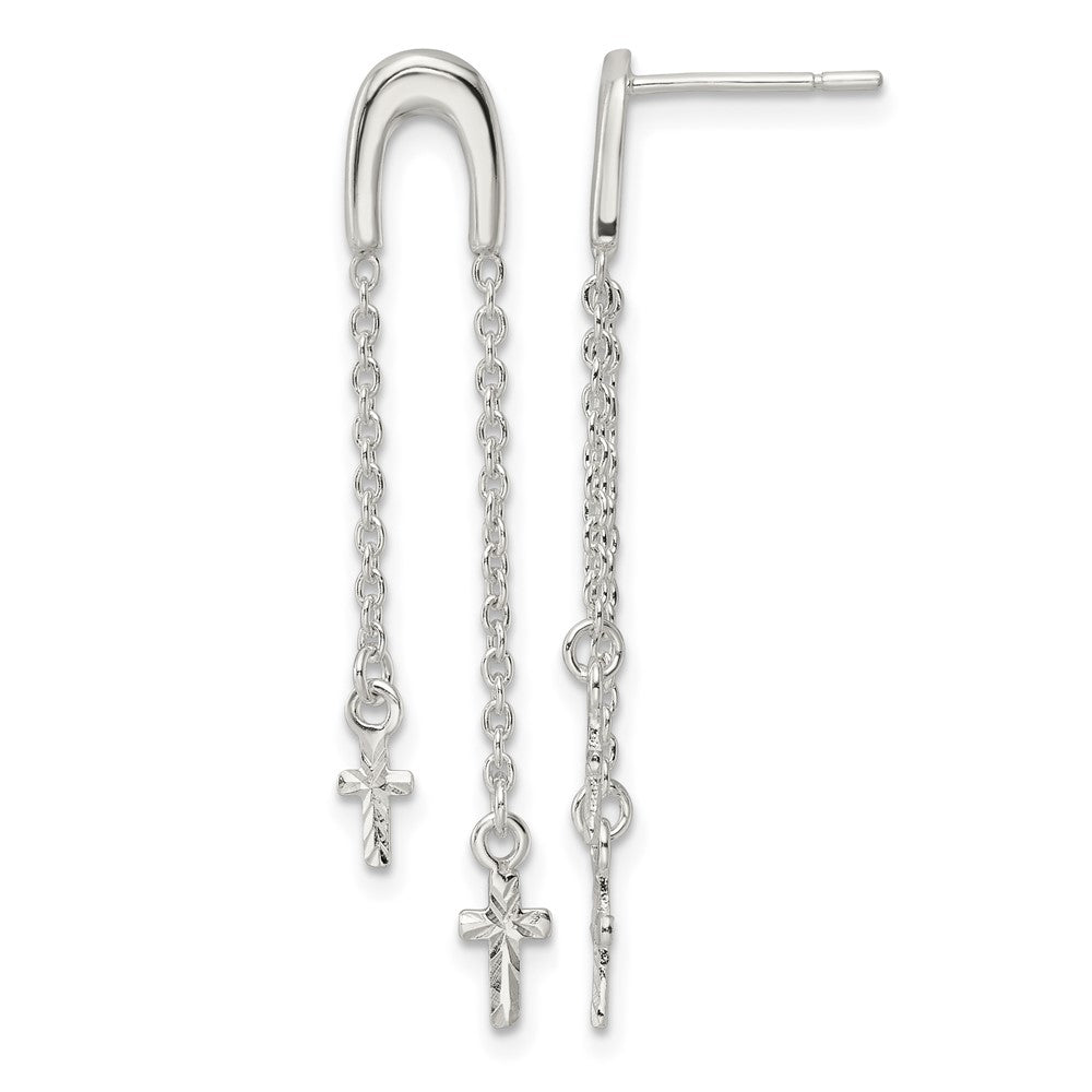 Sterling Silver Polished & D/C Cross Multi-Chain Post Dangle Earrings