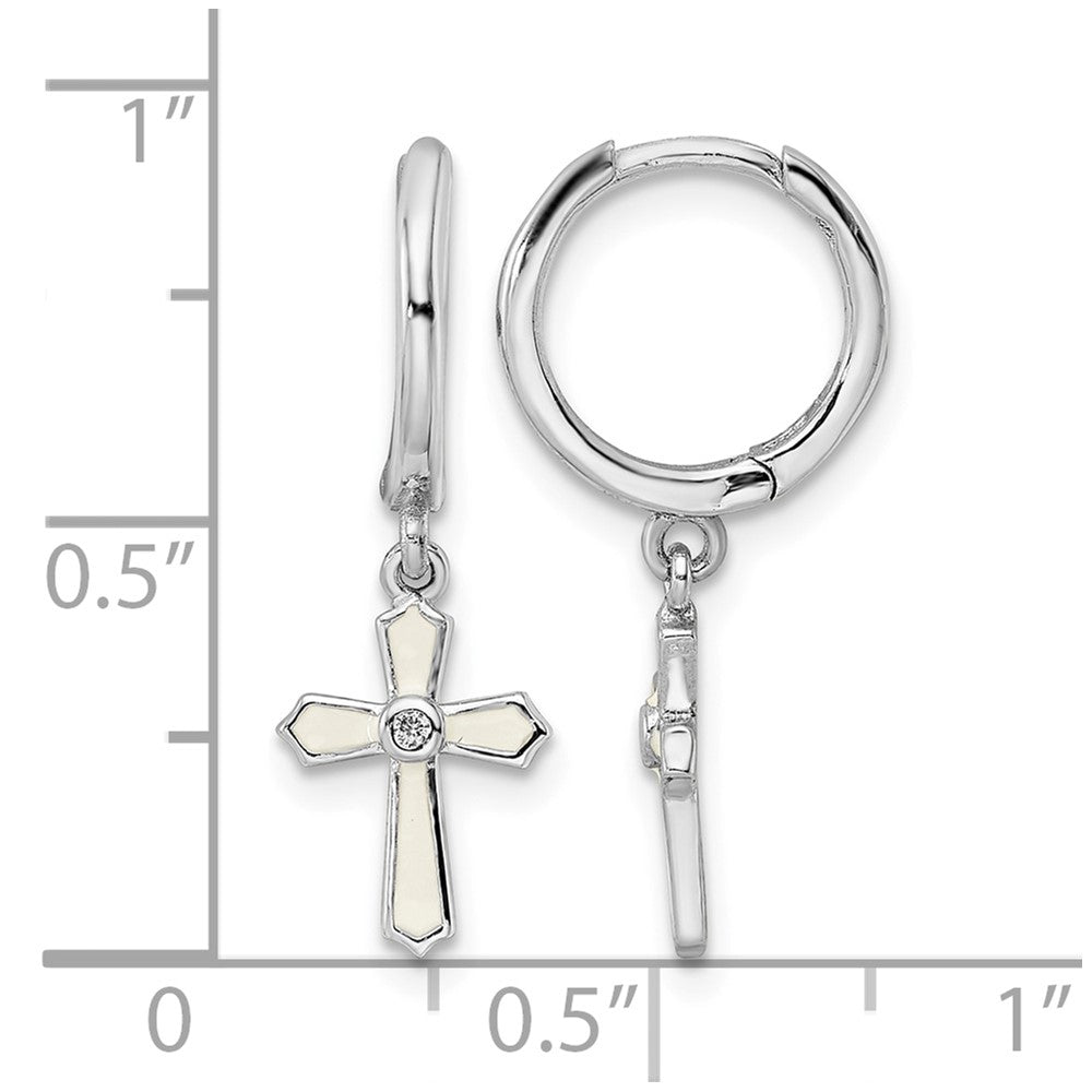 Sterling Silver RH-plated CZ White Enamel Cross Dangle Hoop Earrings