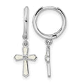Sterling Silver RH-plated CZ White Enamel Cross Dangle Hoop Earrings