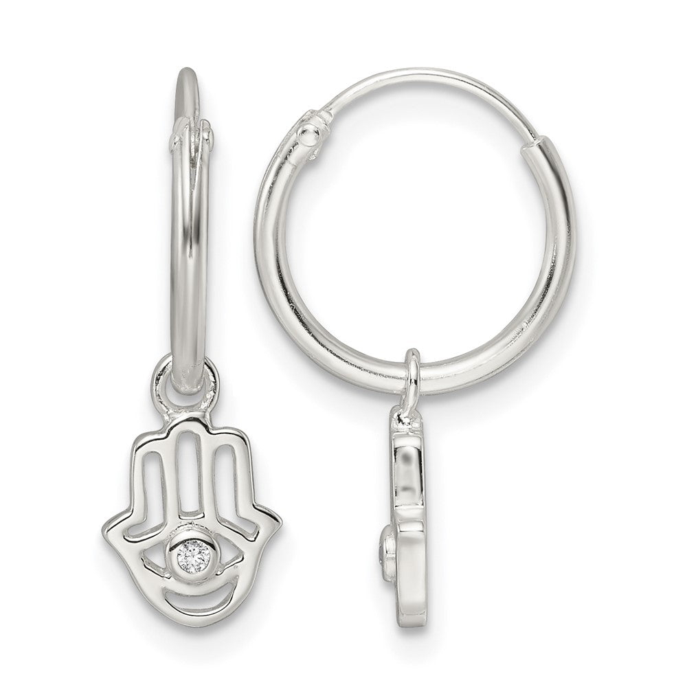 Sterling Silver Polished CZ Hamsa Dangle Endless Round Hoop Earrings
