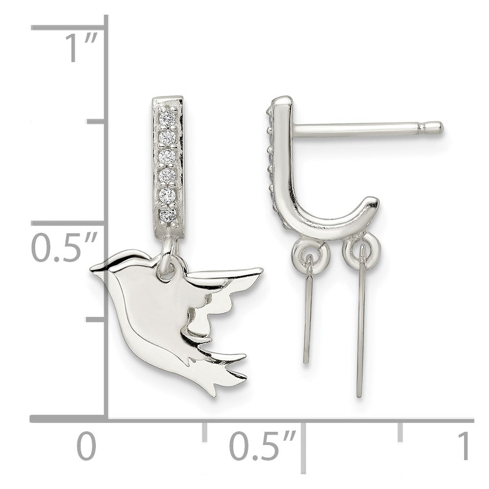Sterling Silver Polished CZ Two Doves J-Hoop Post Earrings