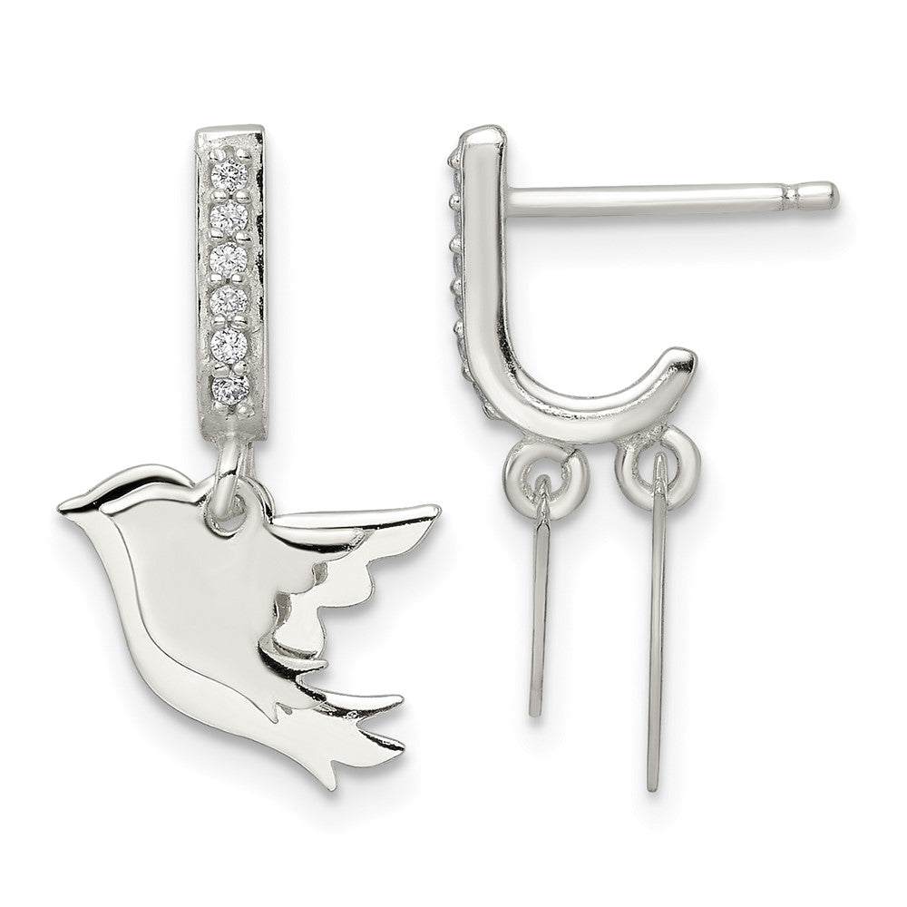 Sterling Silver Polished CZ Two Doves J-Hoop Post Earrings