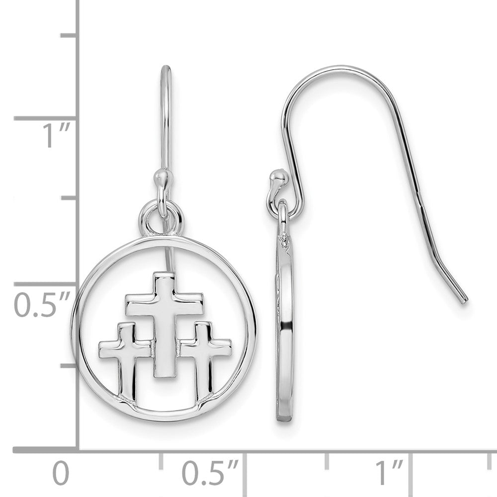 Sterling Silver RH-plated Polished 3 Crosses in Circle Dangle Earrings