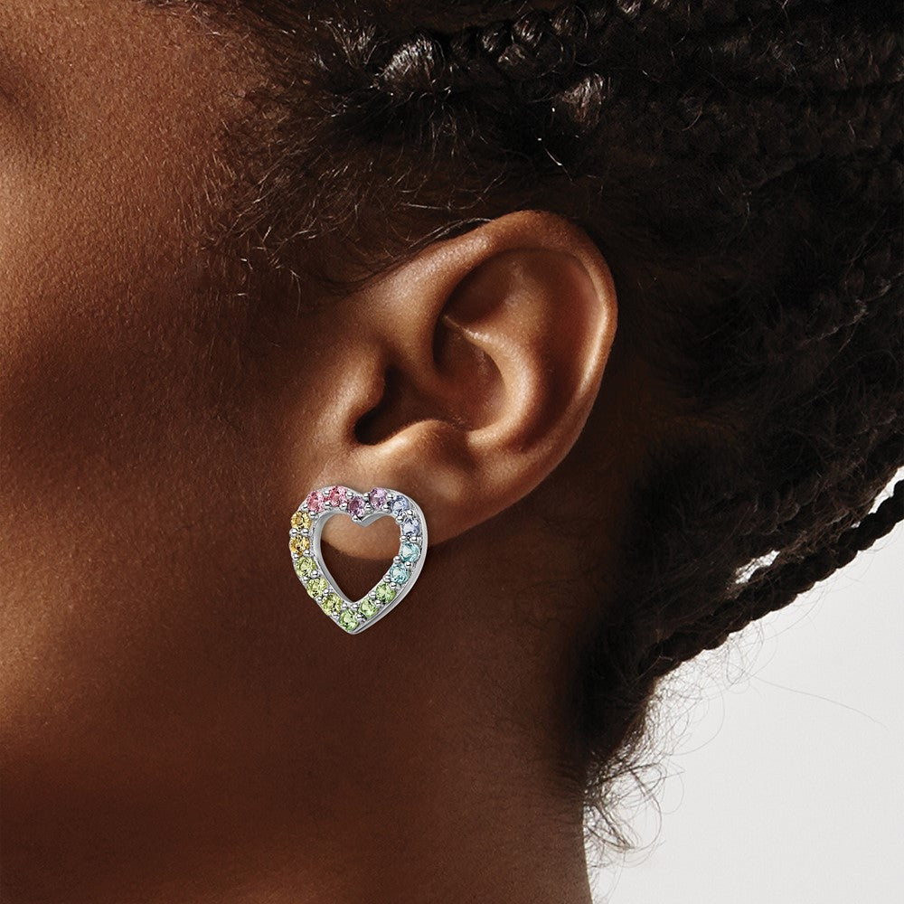 Sterling Silver RH-pltd Rainbow Nano Crystal Open Heart Post Earrings