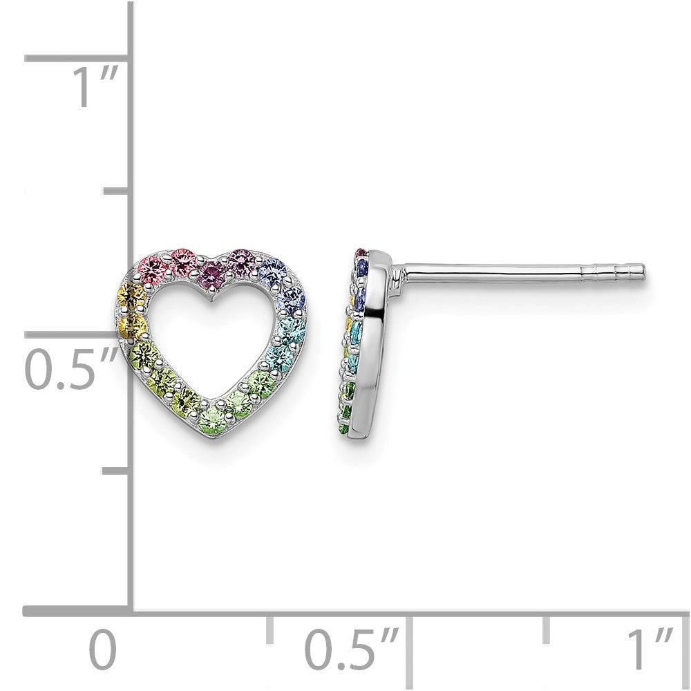 Sterling Silver RH-pltd Rainbow Nano Crystal Open Heart Post Earrings
