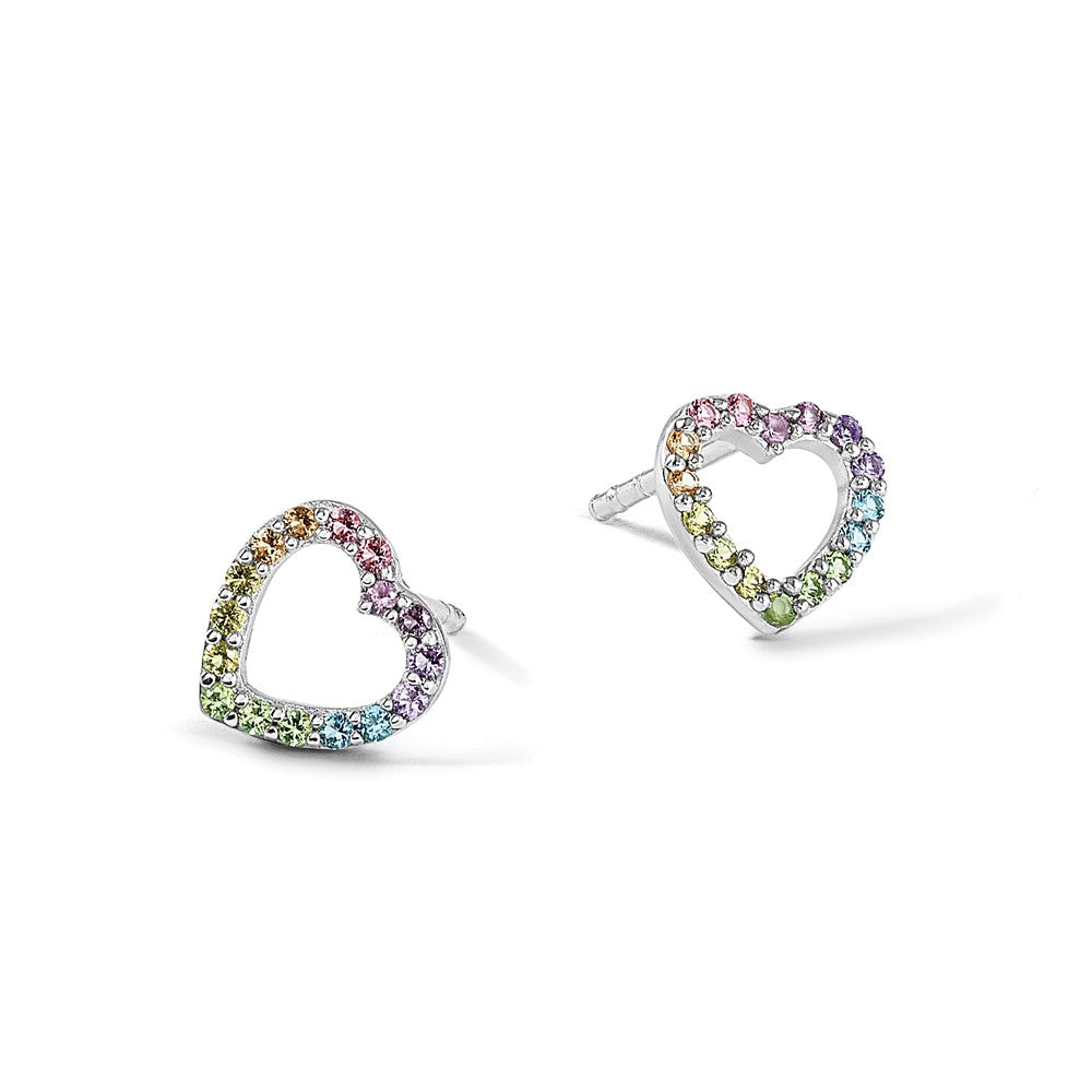 Sterling Silver RH-pltd Rainbow Nano Crystal Open Heart Post Earrings