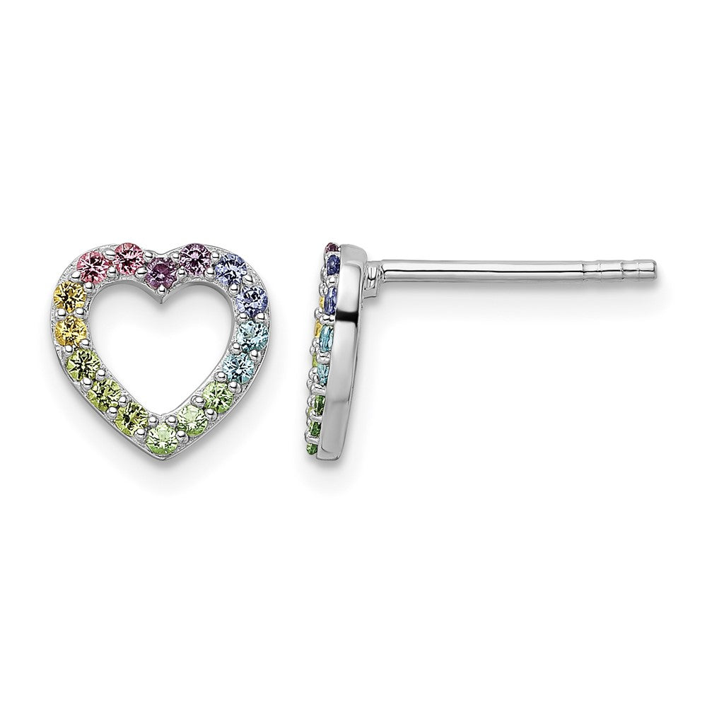 Sterling Silver RH-pltd Rainbow Nano Crystal Open Heart Post Earrings