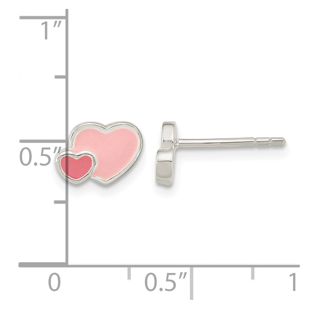 Sterling Silver Rhodium-plated Pink Enamel Double Heart Post Earrings