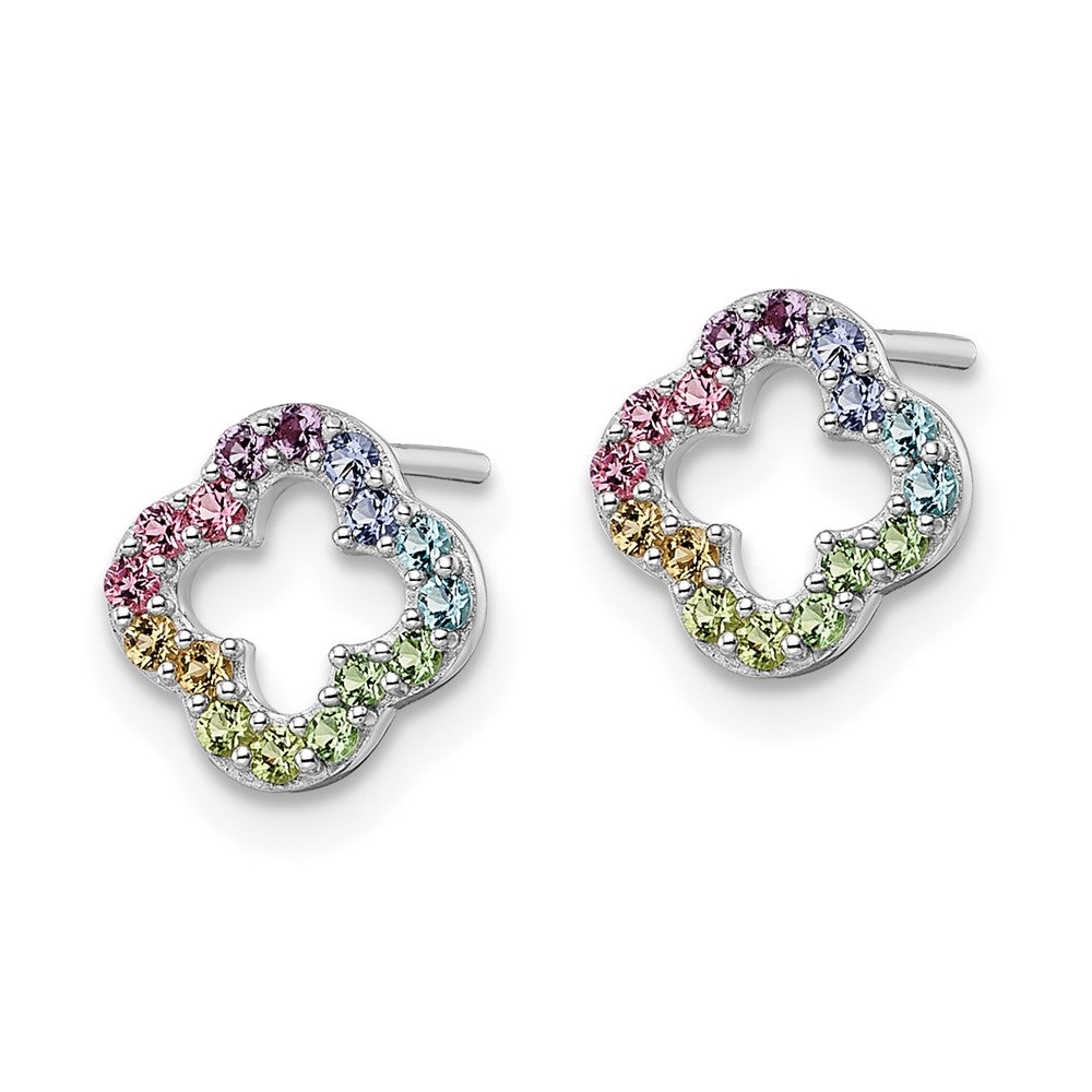Sterling Silver Rhodium-pltd Rainbow Nano Crystal Clover Post Earrings