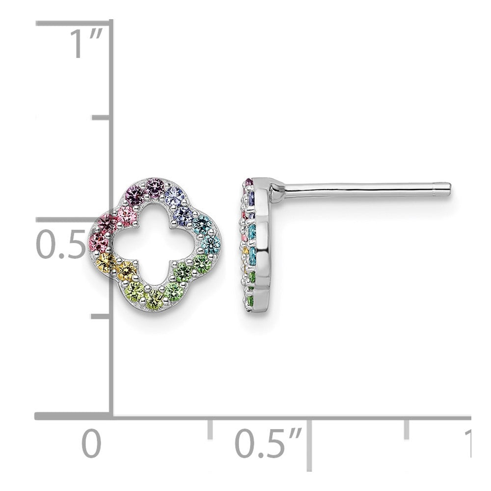 Sterling Silver Rhodium-pltd Rainbow Nano Crystal Clover Post Earrings