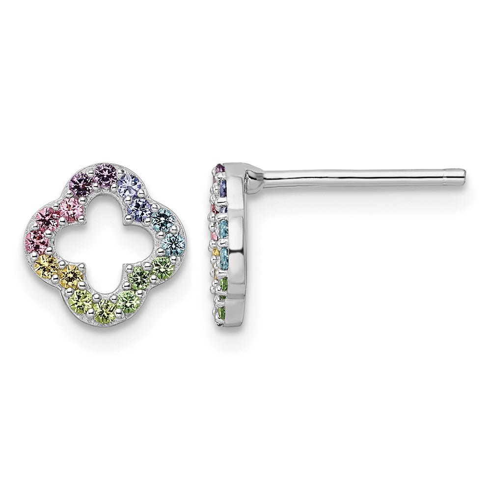 Sterling Silver Rhodium-pltd Rainbow Nano Crystal Clover Post Earrings