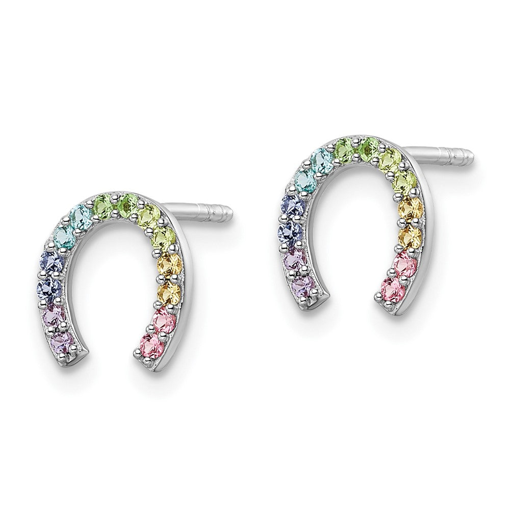Sterling Silver RH-pltd Rainbow Nano Crystal Horseshoe Post Earrings