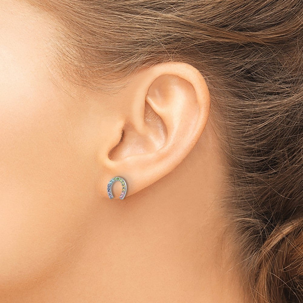 Sterling Silver RH-pltd Rainbow Nano Crystal Horseshoe Post Earrings