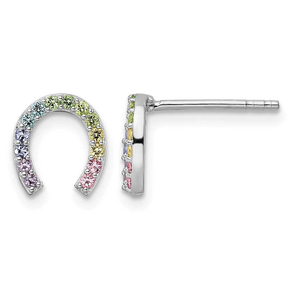 Sterling Silver RH-pltd Rainbow Nano Crystal Horseshoe Post Earrings