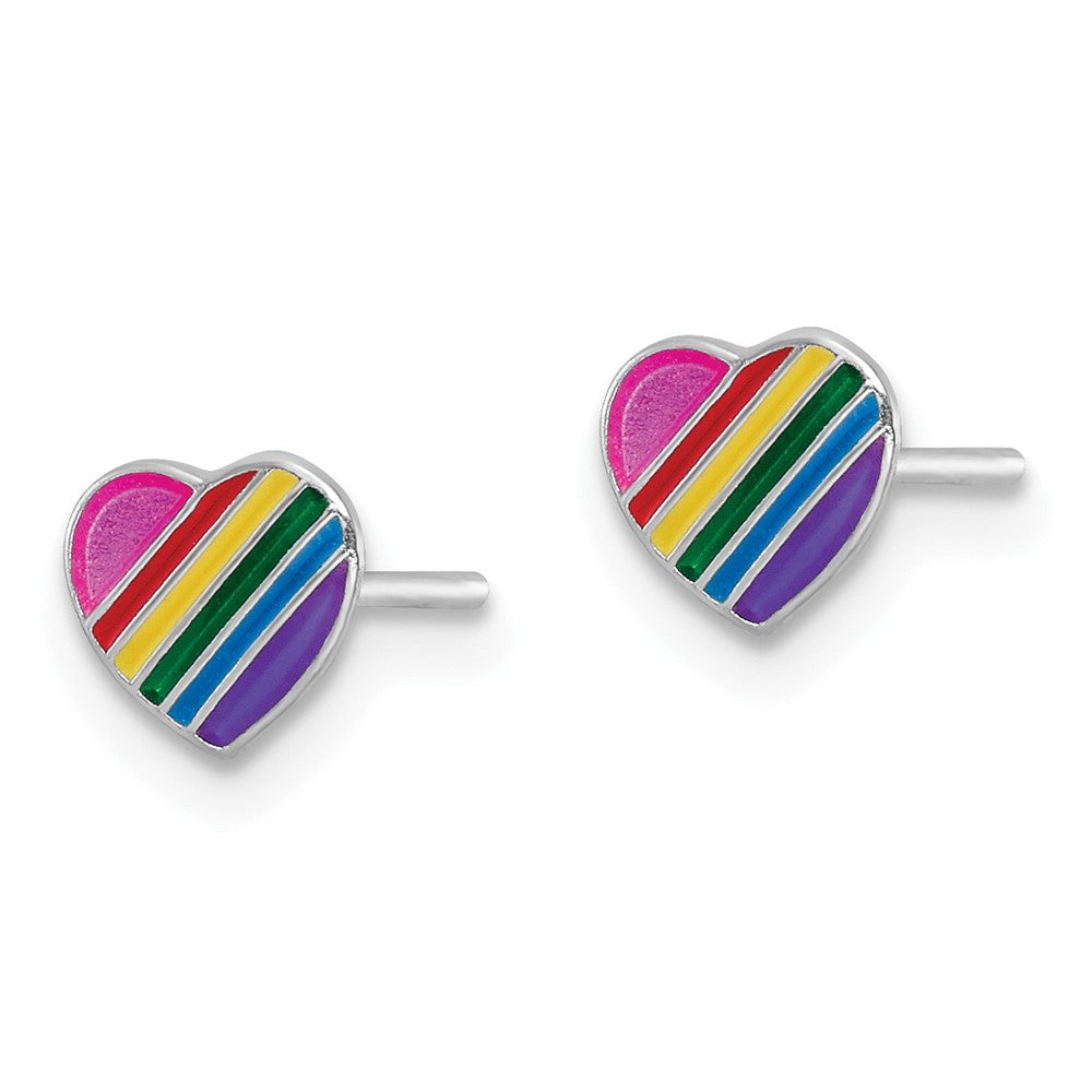 Sterling Silver RH-plated Rainbow Enamel Heart Post Earrings