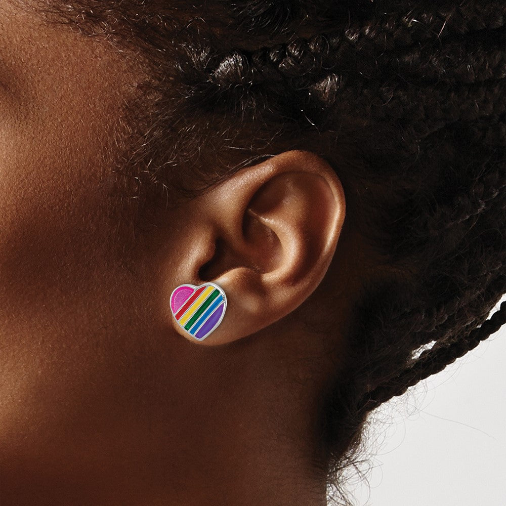 Sterling Silver RH-plated Rainbow Enamel Heart Post Earrings