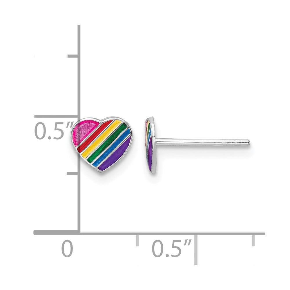Sterling Silver RH-plated Rainbow Enamel Heart Post Earrings