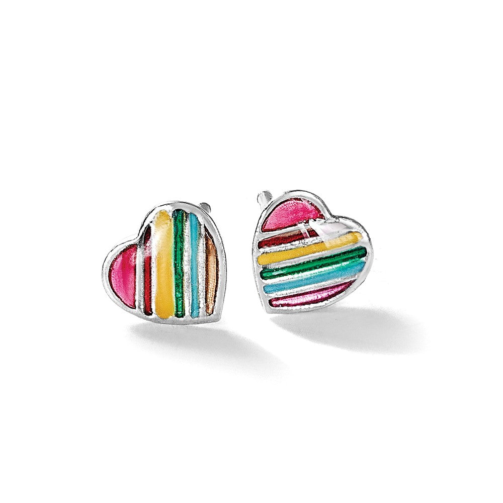 Sterling Silver RH-plated Rainbow Enamel Heart Post Earrings