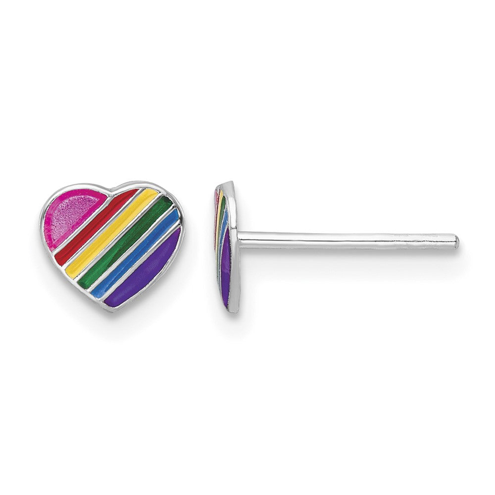 Sterling Silver RH-plated Rainbow Enamel Heart Post Earrings
