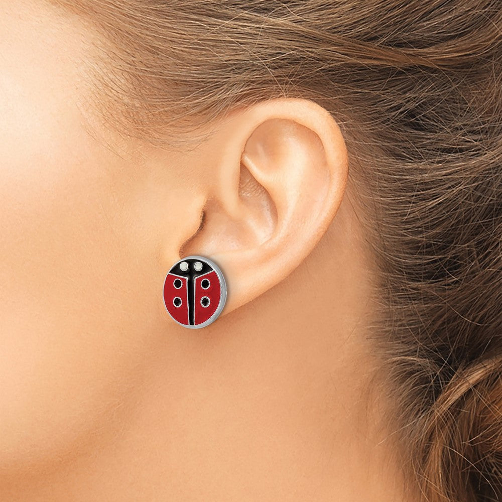 Sterling Silver RH-plated Enameled Ladybug Post Earrings