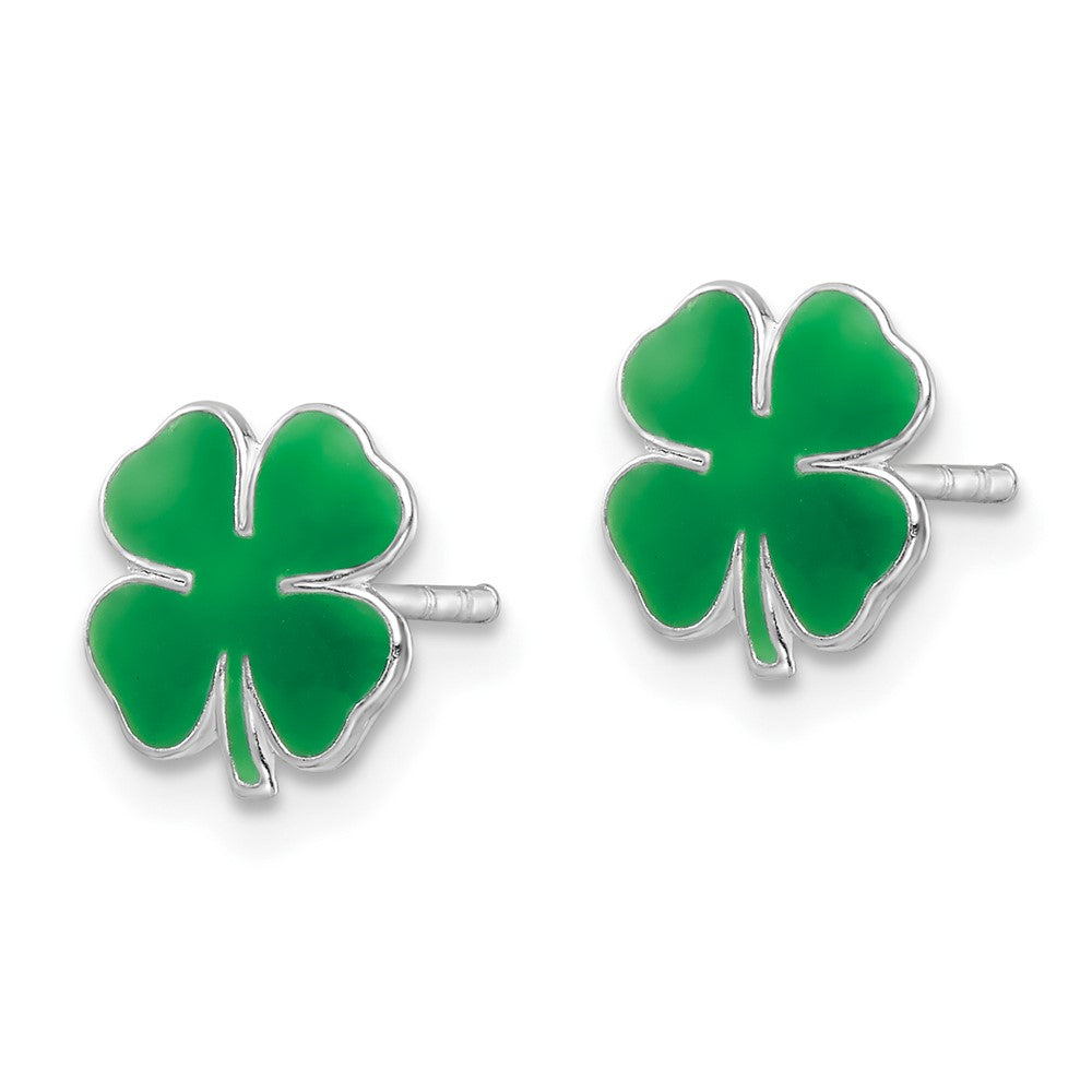 Sterling Silver RH-plated Enamel 4 Leaf Clover Post Earrings